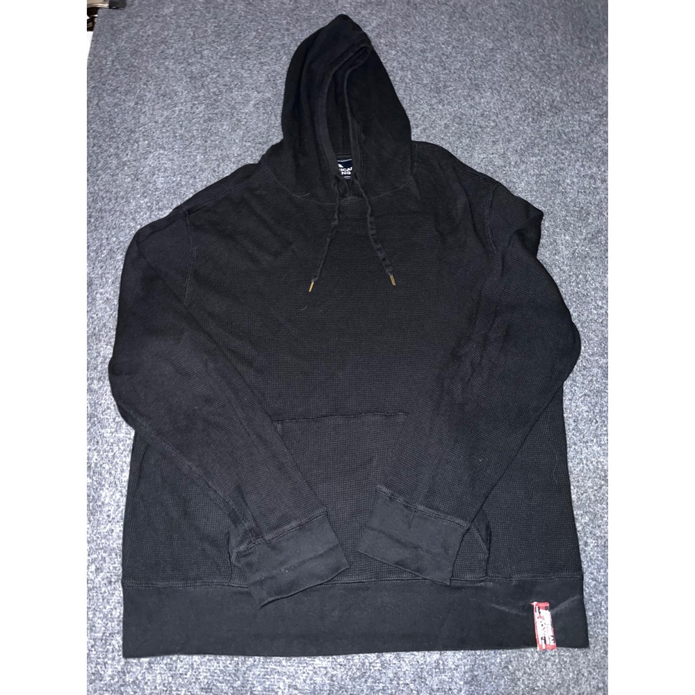 American Living Mens XL Black Waffle Knit Thermal Pullover Hoodie 100% Cotton